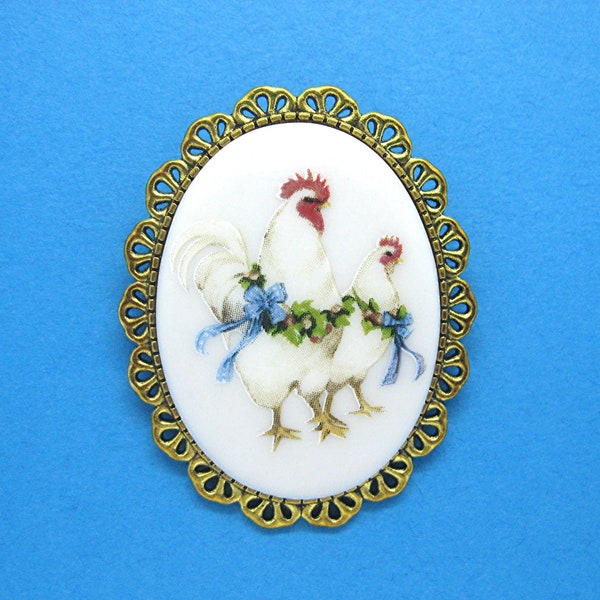 Porcelain White Rooster and Hen Leghorn CHICKENS with Blue Bows CAMEO Costume Jewelry Gold Tone Pin Brooch Pendant