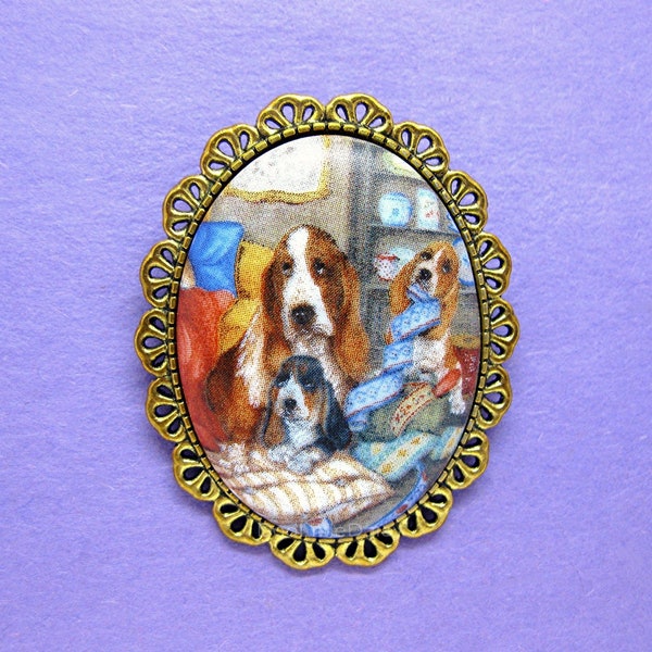 Dogs Pretty Porcelain Canine Pets Mom BASSET Hound Dog and Puppies Cameo Costume Jewelry Gold Tone Pin Brooch for Birthday or Christmas Gift