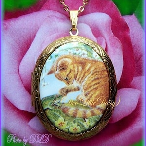Large Large Cats Porcelain YELLOW CAT & FROG Cameo Costume Jewelry Locket Pendant Necklace for Photos with 24 inch Chain