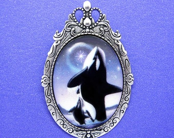 Porcelain Orca KILLER WHALE and Baby Calf on an Antiqued SILVERTONE Costume Jewelry Cameo Pin Brooch Pendant for Birthday or Christmas Gift