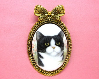 Porcelain Cameo Gorgeous Black and White Tuxedo Cat on an Antiqued Goldtone Bow Style Pin Brooch Pendant for Birthday or Christmas Gift