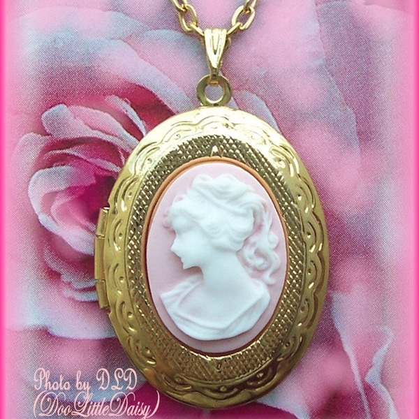 Lovely Classic White Ponytail Lady Profile on Soft Pink Cameo Costume Jewelry on Goldtone or Silvertone Locket Pendant Necklace18 inch Chain