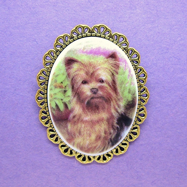 Porcelain Cute YORKIE Yorkshire Terrier Cameo Canine Pet Dogs Costume Jewelry Goldtone Ruffle Scallop Pin Brooch for Birthday Gift