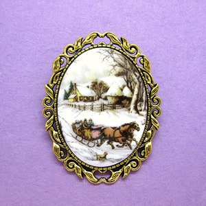 Beautiful Porcelain Cameo with Currier & Ives Winter Sleighride Scene on an Antiqued Silver Tone or Gold Tone Pin/Brooch for CHRISTMAS Gift