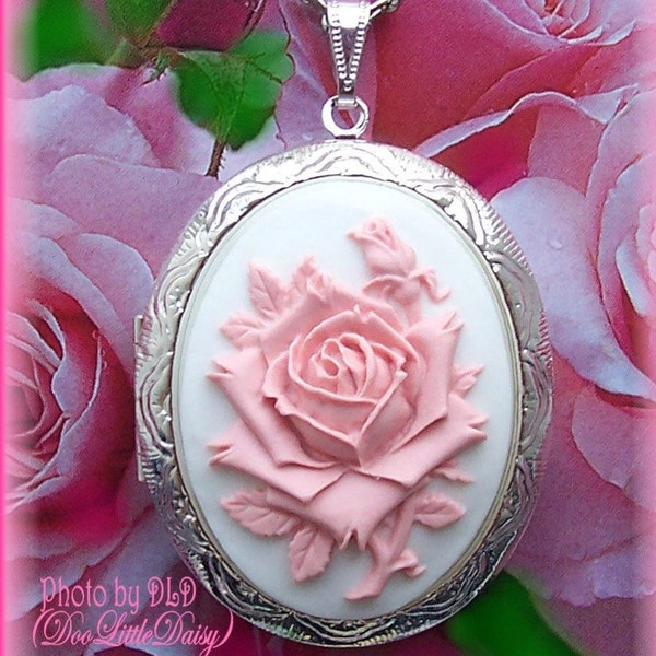 Gorgeous Light Pink ROSE on White Background Flower Cameo Costume Jewelry Silvertone Locket Pendant Necklace Cameo & 24 Inch Chain for Gift