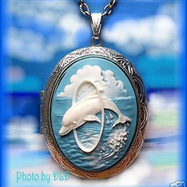 White on Baby Blue Jumping Dolphin Cameo Costume Jewelry Set in a Silvertone Locket Pendant Necklace with 24 Inch Chain for Birthday Gift