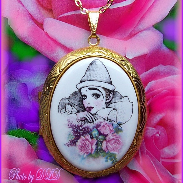 Porcelain MIME CLOWN with Pink ROSES Cameo Costume Jewelry Locket Pendant Necklace Porcelain Cameo Cabochan w/ 24 Inch Chain for Photos