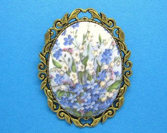 Beautiful Porcelain Cameo with Blue Forget Me Nots and LILY of the VALLEY Flowers on an Antiqued Goldtone Pin/Brooch for Birthday Gift