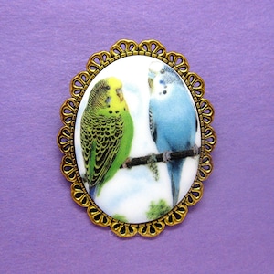 Beautiful Porcelain Yellow/Green Parakeet and Blue Parakeet Budgie Cameo Goldtone Brooch Pin For Birthday or Christmas Gift