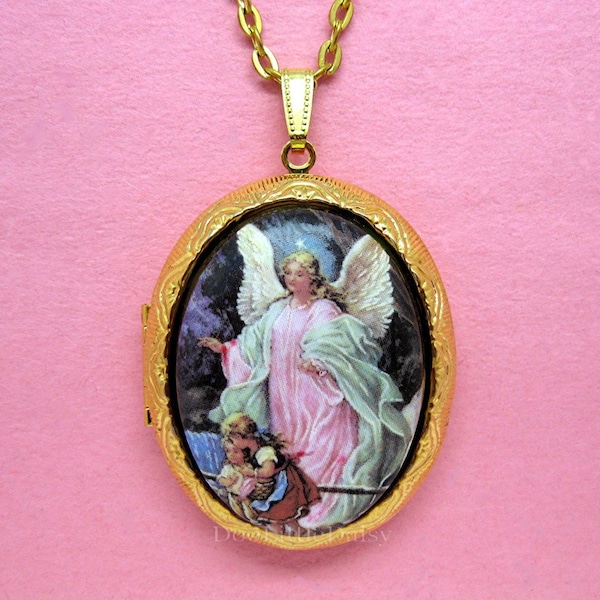 Large Christian Guardian Angel Religious Children Pink Gown Cameo Costume Jewelry Goldtone or Silvertone Locket Pendant Necklace & 24" Chain