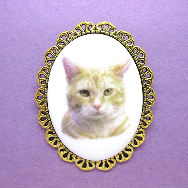 Cats Pretty Precious Porcelain YELLOW Orange TABBY CAT Kitten Pet Feline Cameo Costume Jewelry Antiqued Goldtone Pin Brooch for Gift