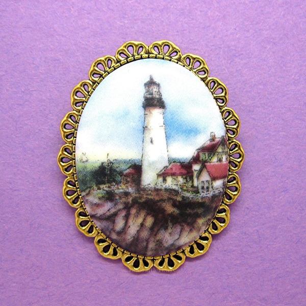 Porcelain PORTLAND HEAD, MAINE Lighthouse Cameo Costume Jewelry Goldtone Pin Brooch for Birthday Christmas or Mothers Day Gift Nautical Pin