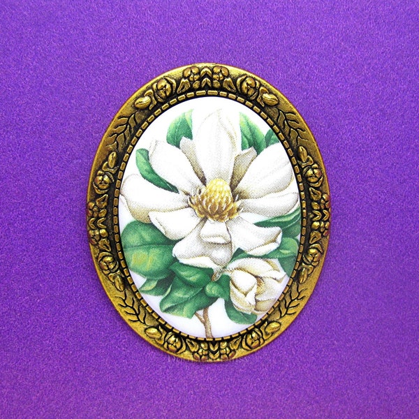 Beautiful Porcelain Cameo MAGNOLIA Flowers Antiqued Goldtone Pin/Brooch for Birthday or Mothers Day Gift Louisiana Mississippi State Flowers