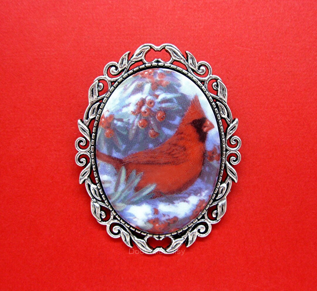 Porcelain CARDINAL With Berries Cardinals Red Bird Redbird Cameo Costume Jewelry Silver Tone Pin