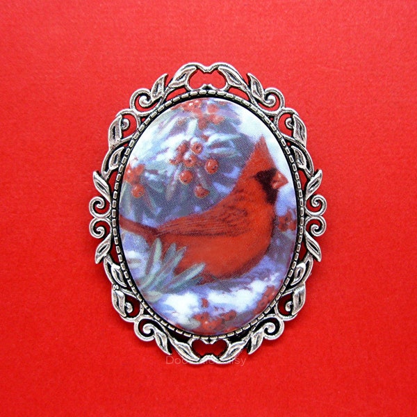 Porcelain CARDINAL with Berries Cardinals Red Bird Redbird Cameo Costume Jewelry Silver tone Pin Brooch Pendant Birthday Christmas Gift