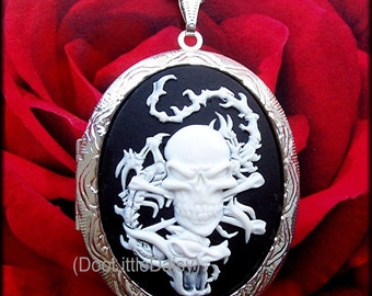 Gothic White Skull & Dragon on Black Cameo Goth Emo Sketeton Zombie Halloween Punk on Silvertone Locket Costume Jewelry with 24 inch Chain