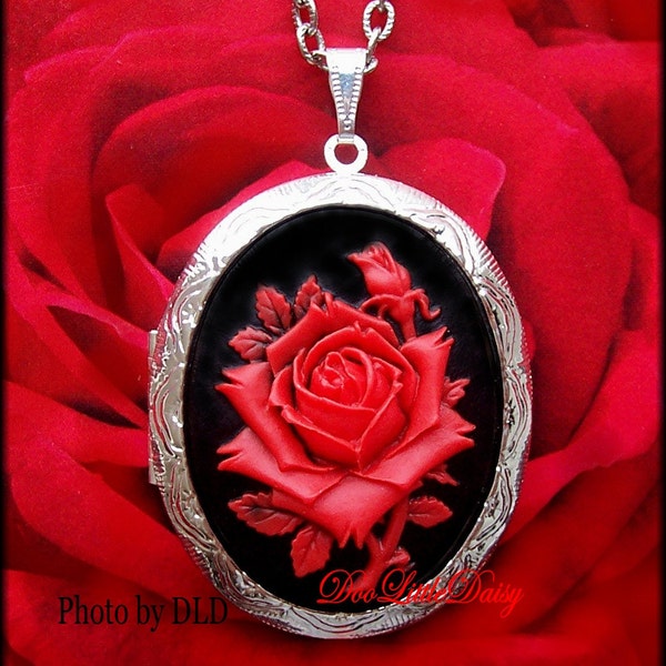 Large Gorgeous Bright RED ROSE on Black Background Flower Cameo Costume Jewelry Silvertone Locket Pendant Necklace Cameo with 24 Inch Chain