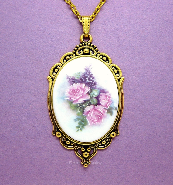 Porcelain Pink Roses and Purple Lilacs Cameo on a Bright Antiqued