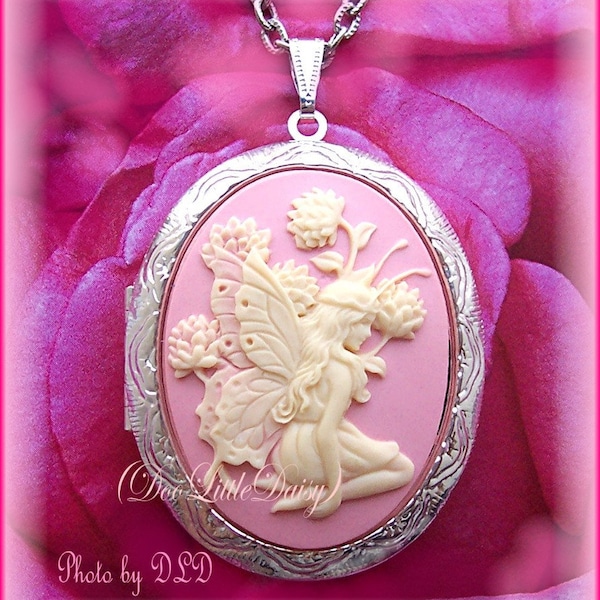 Large Beautiful FAIRY and Thistle Flowers Ivory Color on PINK Cameo Costume Jewelry Silvertone Locket Pendant Necklace 24 inch Chain