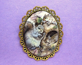 Pretty Porcelain Mom Gray SQUIRREL and Babies Cameo Costume Jewelry Goldtone Gold Tone Pin Brooch for Birthday or Christmas Gift