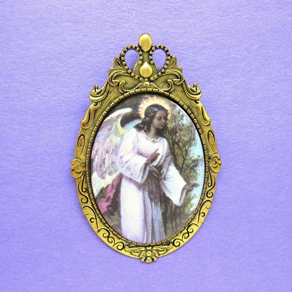 Porcelain Religious Guardian Angel Christian Inspirational Cameo Goldtone Costume Jewelry Pin Brooch Pendant for Birthday or Christmas Gift