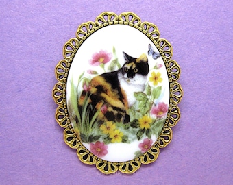 Cats Porcelain CALICO CAT and Flowers Kitty Kitten Feline Cameo Costume Jewelry on a Goldtone Pin Brooch for Birthday Gift