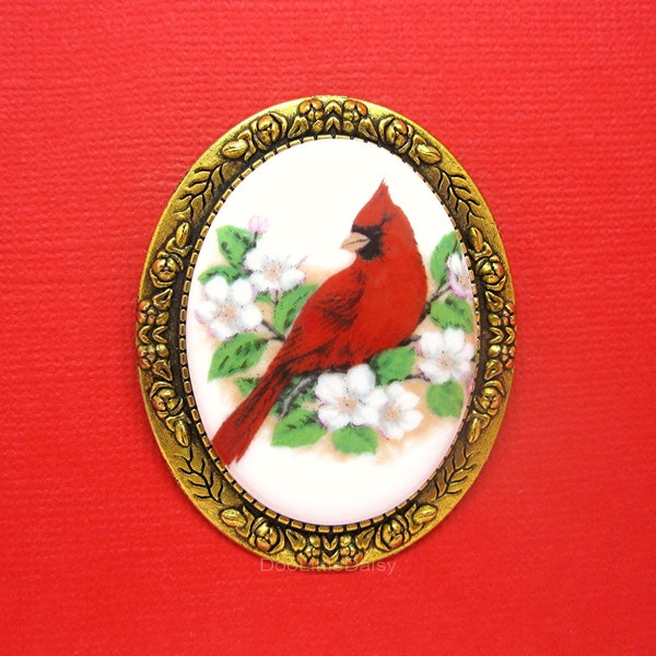 Porcelain Cameo Male Red Bird Cardinal and Apple Blossom FLOWERS on an Antiqued Goldtone Pin/Brooch/ for Christmas Birthday Gift Bereavement