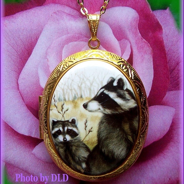 Porcelain RACCOON Family Raccoons Cameo Costume Jewelry Locket Pendant Necklace Goldtone Cameo w/ 24 Inch Chain for Photos Keepsakes