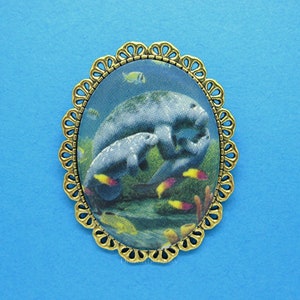 Endangered Mom MANATEES and Baby Calves Porcelain Cameo MANATEE Sea Cow on a Goldtone Frame Pin Brooch for Christmas, Mothers Day, Birthday