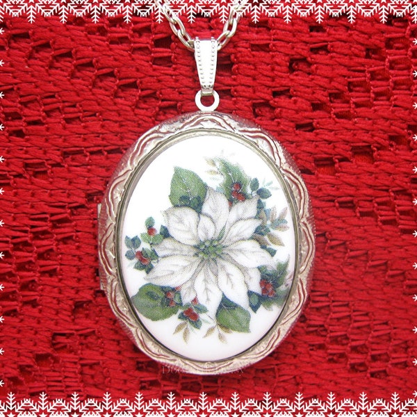 Beautiful Porcelain Holly & Berries Holiday Cameo on a Silvertone or Goldtone Locket Necklace Pendant w/ 24 Inch Chain for Christmas Gift
