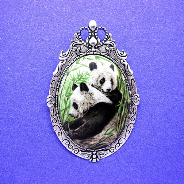 Porcelain Cameo Mr. and Mrs. PANDA BEAR Couple on a Antiqued Silver Tone Pin/Brooch for CHRISTMAS Gift Endangered Species Zookeeper Gift