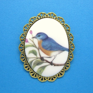 Beautiful Porcelain Orange Breasted BLUEBIRD Cameo Costume Jewelry on a Goldtone Brooch Pin Blue Bird for Birthday Mothers Day Gift