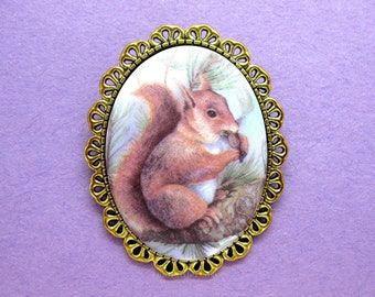 Porcelain Adorable Brown Squirrel with Acorn Cameo Costume Jewelry Pin Brooch for Mothers Day Birthday Christmas Gift