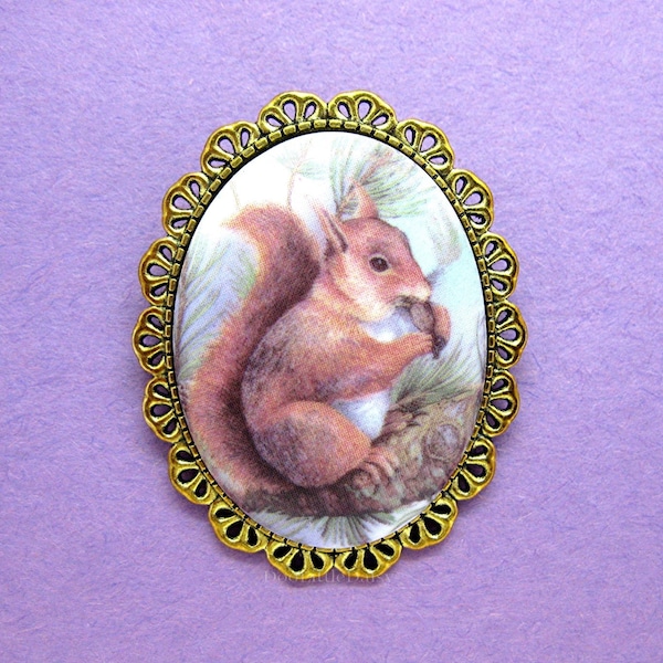 Porcelain Adorable Brown Squirrel with Acorn Cameo Costume Jewelry Pin Brooch for Mothers Day Birthday Christmas Gift