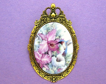 Porcelain HUMMINGBIRD and Big Pink Orchid Flowers Cameo Costume Jewelry on a Goldtone Pin Brooch Pendant for Mothers Day or Birthday Gift