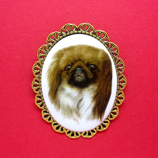 Porcelain Happy PEKINGNESE Dog Cameo Canine Pet Dogs Costume Jewelry Goldtone Ruffle Pin Brooch for Birthday or Christmas Gift