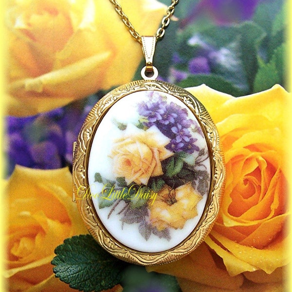 Pretty Porcelain YELLOW ROSES and Purple VIOLETS Cameo Costume Jewelry Goldtone Locket Pendant Necklace Cameo w/ 24 Inch Chain for Photos