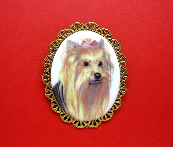 Porcelain Cute New YORKIE Yorkshire Terrier Red Bow Cameo Canine