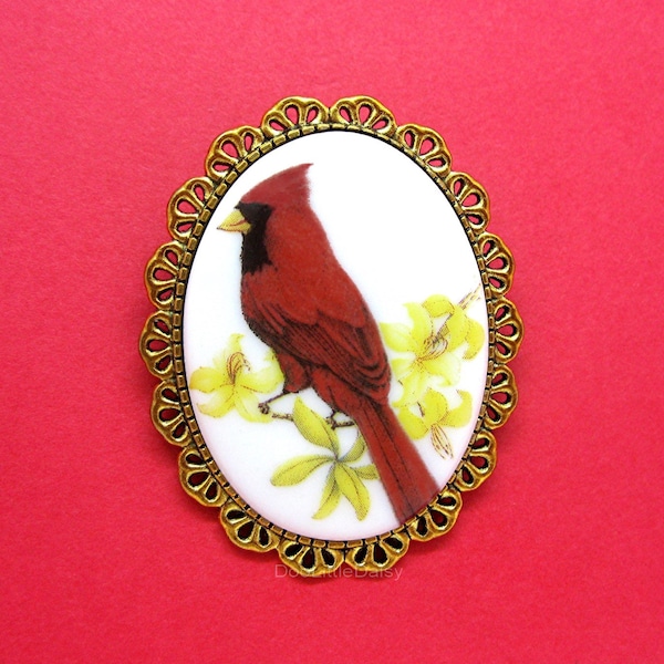 Porcelain Cameo Male Red Bird CARDINAL & FORSYTHIA flowers on an Antiqued Goldtone or Silvertone Pin Brooch for Christmas or Birthday Gift