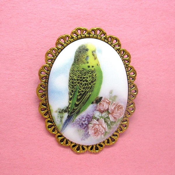 Lovely Porcelain Yellow and Green Parakeet with Roses Budgie Pet Bird Cameo Costume Jewelry Goldtone Brooch Pin Mothers Day Birthday Gift