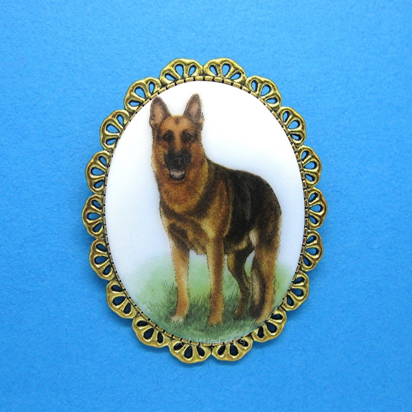 Dogs New Regal Porcelain Canine Pets German Shepherd Police Dog Cameo Costume Jewelry Gold Tone Pin Brooch for Birthday or Christmas Gift