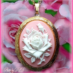 Gorgeous White ROSE on a Light Pink Background Flower Cameo Costume Jewelry Goldtone Locket Pendant Necklace Cameo & 24 Inch Chain for Gift