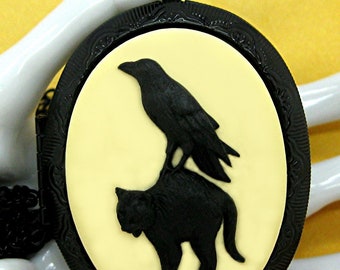 Gothic Black Bird Raven and BLACK CAT on Ivory Cameo Goth Emo Halloween Punk on Solid BLACK Metallic Locket Costume Jewelry & 24 inch Chain