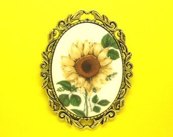 Beautiful Porcelain Cameo with BRIGHT YELLOW SUNFLOWER Antiqued Goldtone Pin/Brooch for Valentines or Birthday Mothers Day Gift