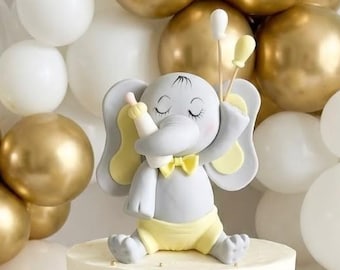 Yellow Elephant Cake Topper, Neutral Elephant Baby Shower, Boy Elephant Topper, Elephant Decoration, Elephant Baby Shower, Floral Elephant