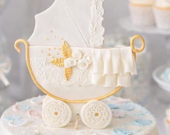 Carriage Cake Topper, Baby Shower Carriage, Carriage For Cakes Decorations, White Carriage For Baptism Boy  & Girl Baby Shower Cake Decor