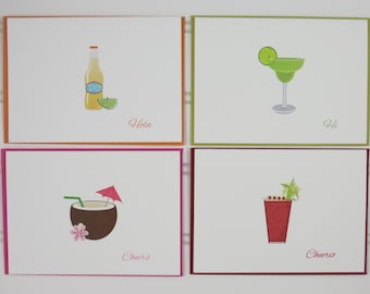 Cocktail Notecards, Set of 4 Cards, Beverage Cards, Beer Card, Margarita Card, Bloody Mary Card, Piña Colada Card, Stationery, Drinks Card