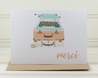 Typewriter Card, Thank You Card, Merci Card, Customized Card, Personalized Card, Typewriter Notecard, for Writer, Vintage Lover, Thanks Card