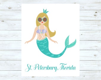 St Pete Mermaid Print, St Pete Art Print, St Pete Wall Art, Mermaid Art Print, Mermaid Wall Art, Mermaid Wall Decor, Mermaid Illustration