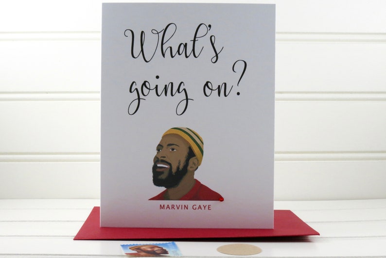 Tarjeta Marvin Gaye, Qué está pasando, Marvin Gaye, Tarjeta de notas en caja, Sólo porque, Amistad, Aliento, Mantenerse en contacto, Soul Fan, Motown Fan imagen 1